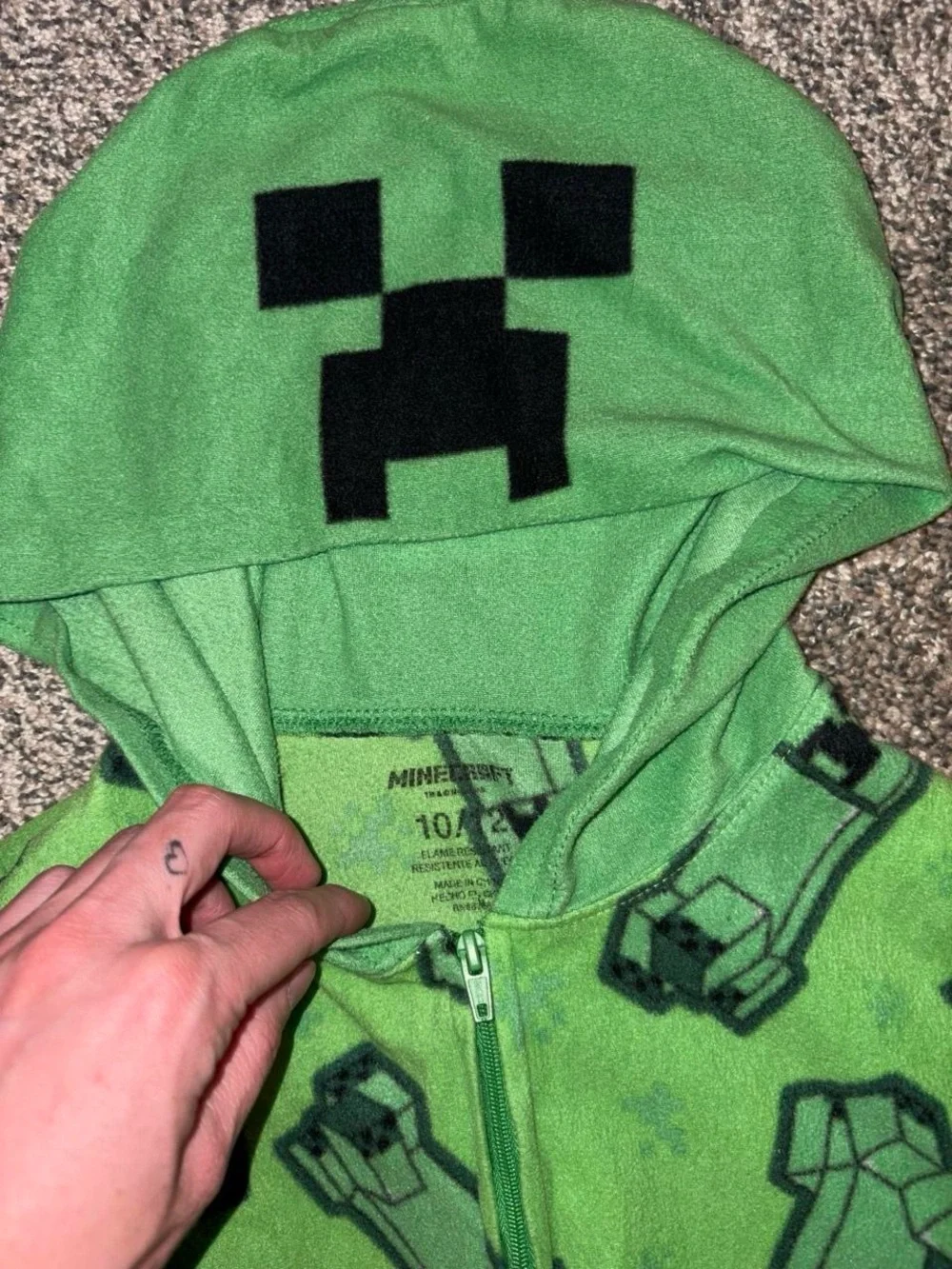 Green Hooded Creeper Print Kids One-Piece Footie Pajamas